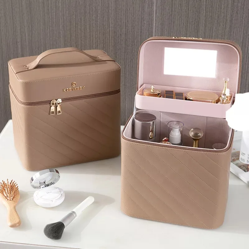 

PU leather striple makeup cosmetics beauty care travel storage hard case with one layer drawer, Four colors