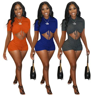 

Solid Short Sleeve Crop Bodysuits For Women Pit Stripe Short Bandage Jumpsuit Women 2021 Summer