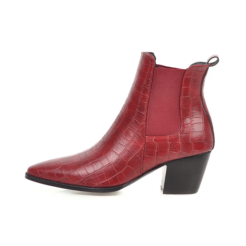 

Fall Season Fashion Commuter Slip-on Boots Faux Alligator Leather Thick High Heel Booties