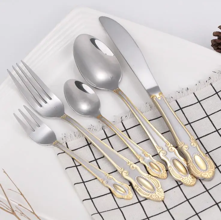 

Stainless Steel Golden Retro Royal Flatware Set, Vintage Gold Plated Wedding Hotel Cutlery Silverware Set
