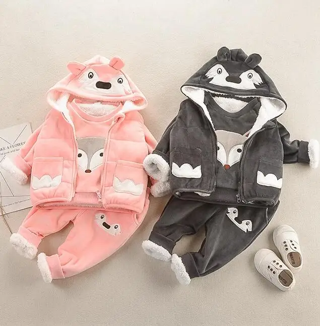 

2020090522 0-3 Years Old Baby children winter clothes 3pcs set fox jacket trousers sweater 2020090801