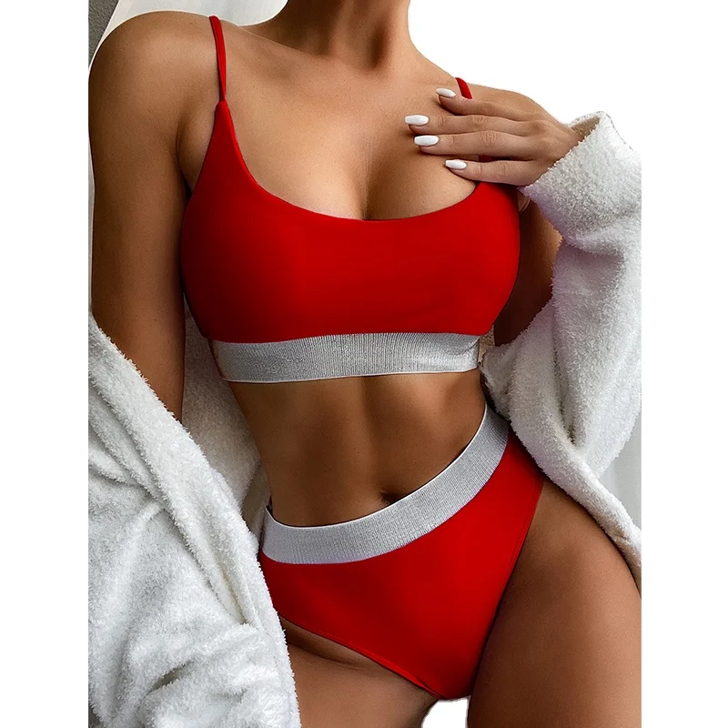 

Solid Bandeau Swimwear Women Patchwork Swimsuit Female Bathers String High Waist Bikinis 2021 Mujer Sports Bathing Suit, Picture showed