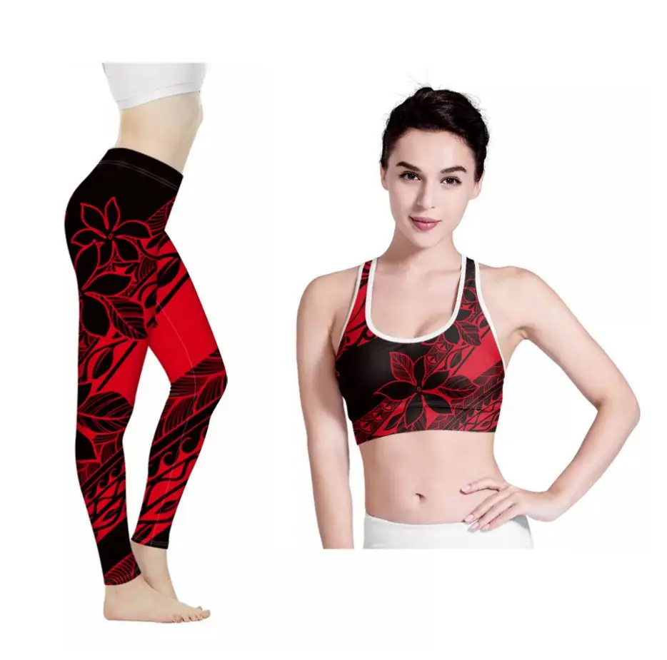 

2021 Yoga Set Polynesian Tribal Red Pattern High Waisted Stretch Women Yoga Set with Pockets Quick Dry Fashion Yoga Sets Fitness