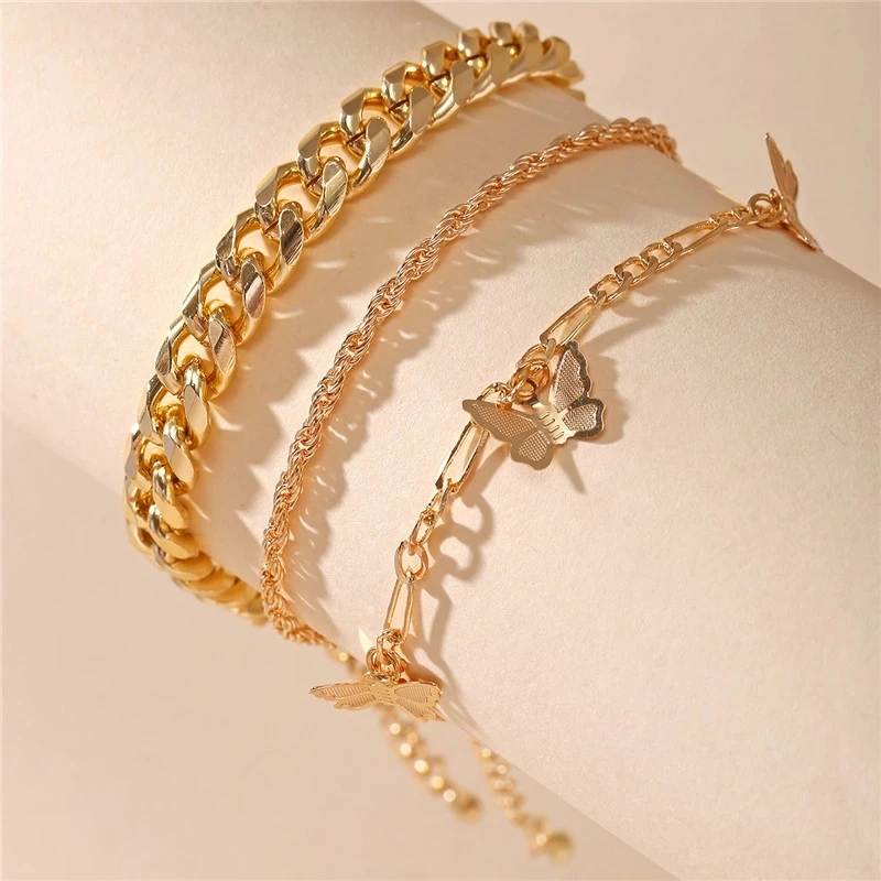 

Bohemian Gold Butterfly Chain Anklets Set For Women Girls Fashion Multi-layer Anklet Foot Ankle Bracelet Beach Jewelry, Show in the picture
