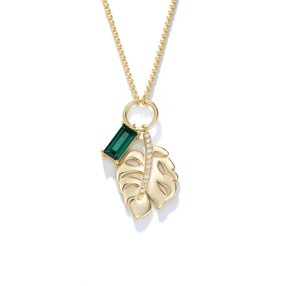 

peishang s925 sterling silver 14K Gold Vermeil Rectangle emerald zircon Tropical Palm Leaf pendant necklace female