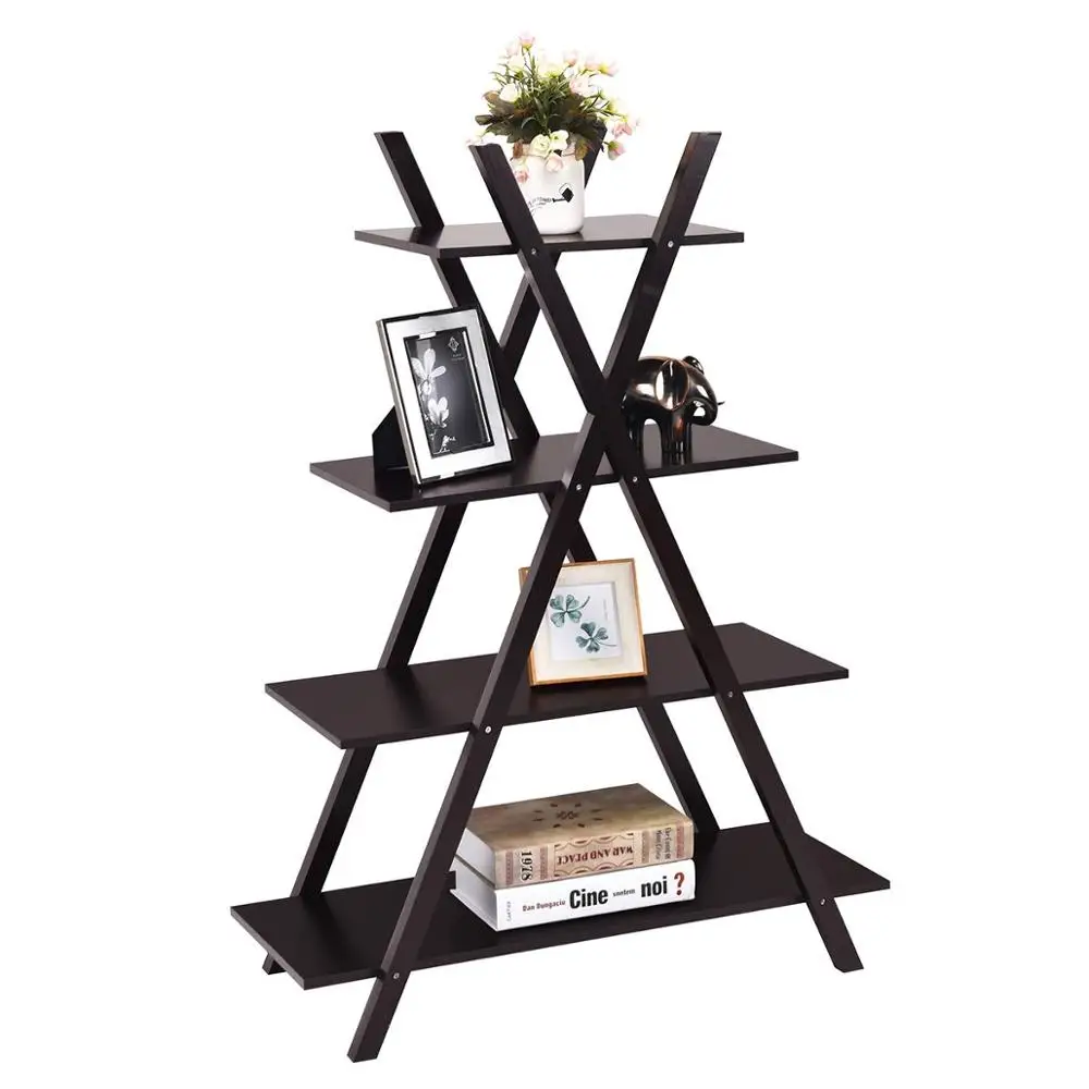 
4 Tier Bookshelf Storage Shelves Bookcase Ladder Shelf Home Office X Shape Potted Plant or Flower Rack Display Shelves 