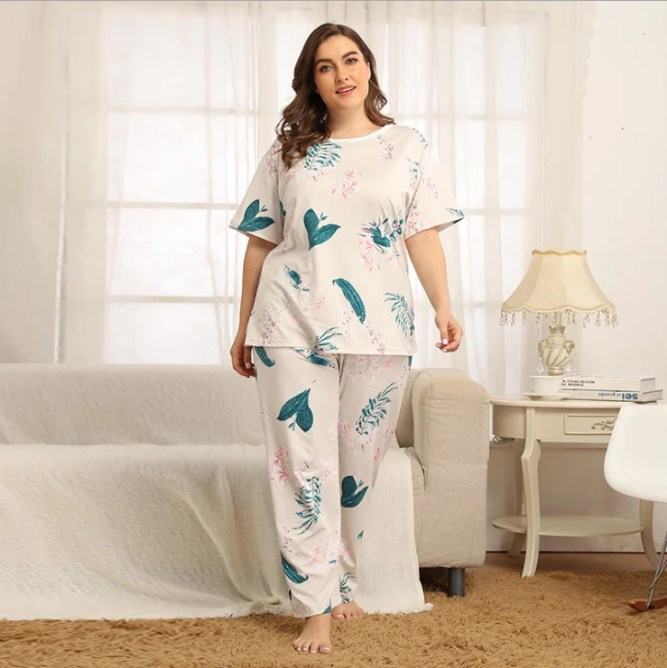 

Plus Size Hearted Printed Sleepwear Women soft Short Sleeve Pajamas Sets Women Top and Pants Big Size Home Wear white, As picture or you custom