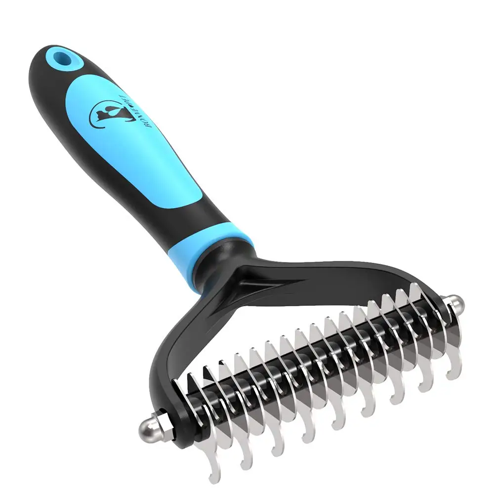 

Pet Grooming Tool - 2 Sided Undercoat Rake for Cats & Dogs - Safe Dematting Comb for Easy Removing Mats Tangles and Shedding