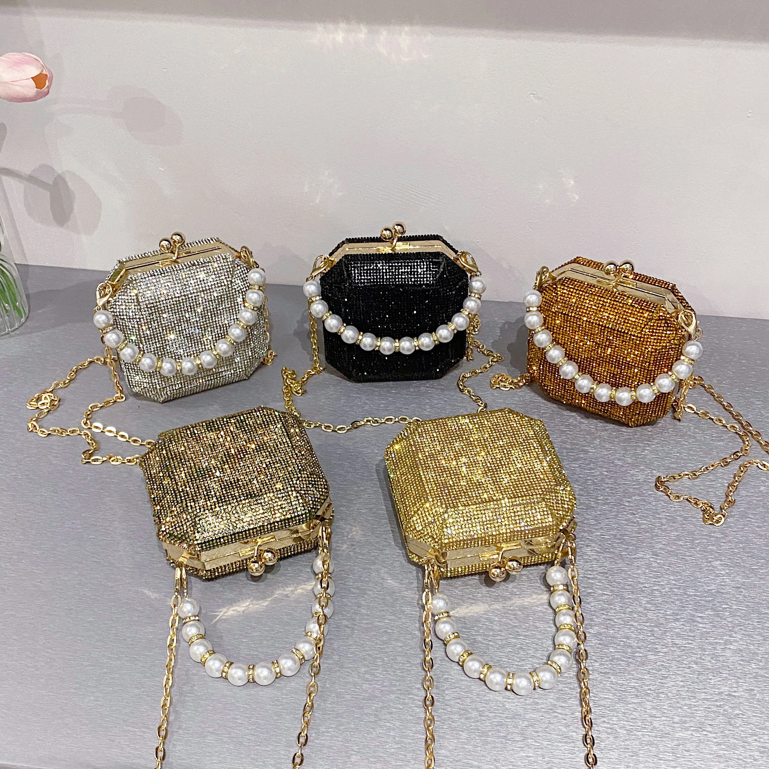 

Bling crystal cross body bag pearl fashion rhinestone mini bag purse diamond shoulder bag for ladies 2022, 5 colors