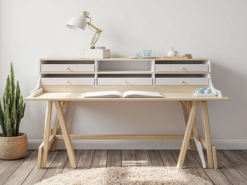 Compact craft desk folded against wall with storage bins