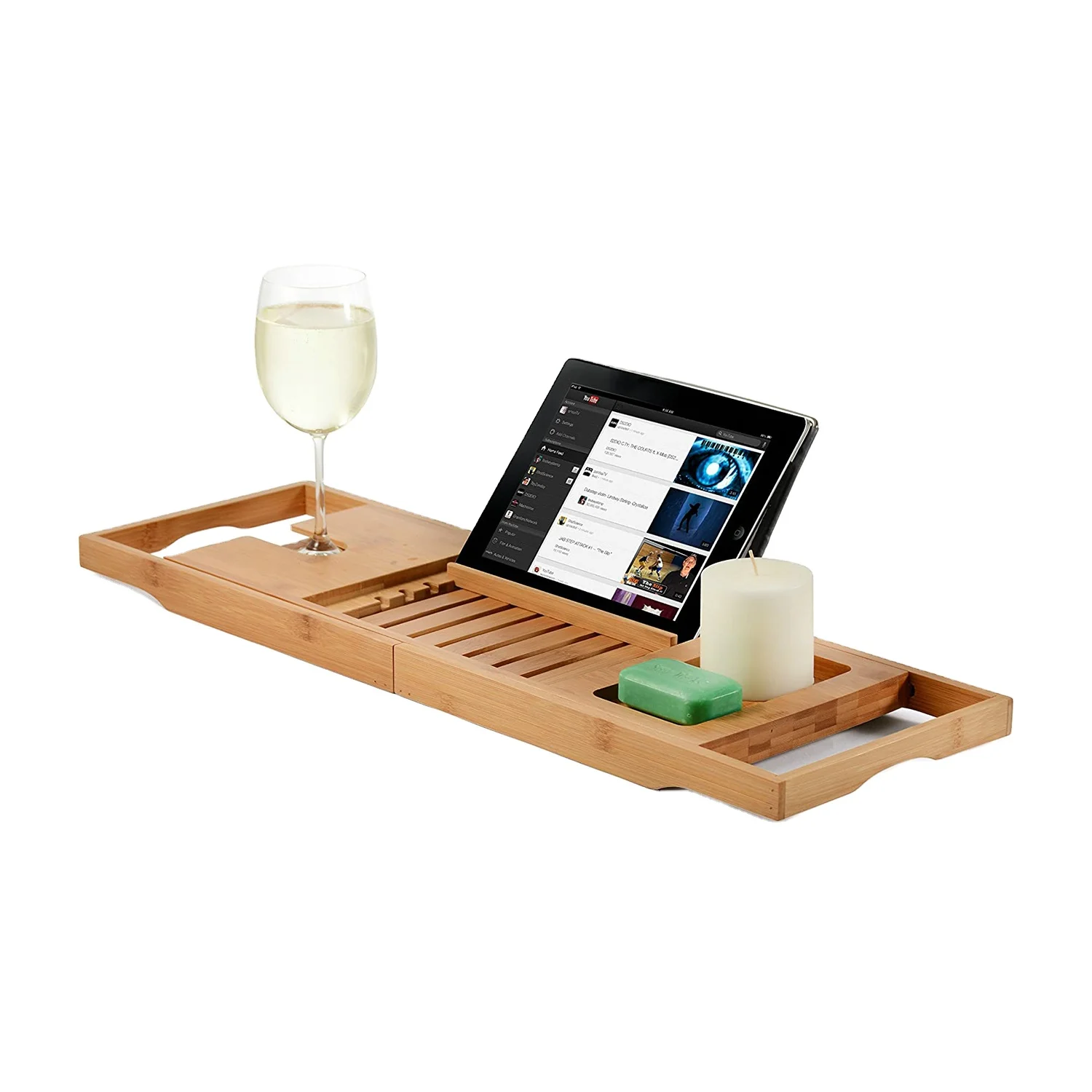 

Amazon Best Sellers Luxury Bamboo Bathtub Tray Caddy Wood Bath Tray With Expandable Sides Book Tablet Phone Wine glass Holder, Natural bamboo color