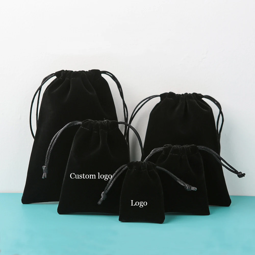 

Low MOQ Custom Embroidered Logo Black Velvet Fabric Small Drawstring Bags Wedding Gift Jewelry Pouches Makeup Bag, Customized color