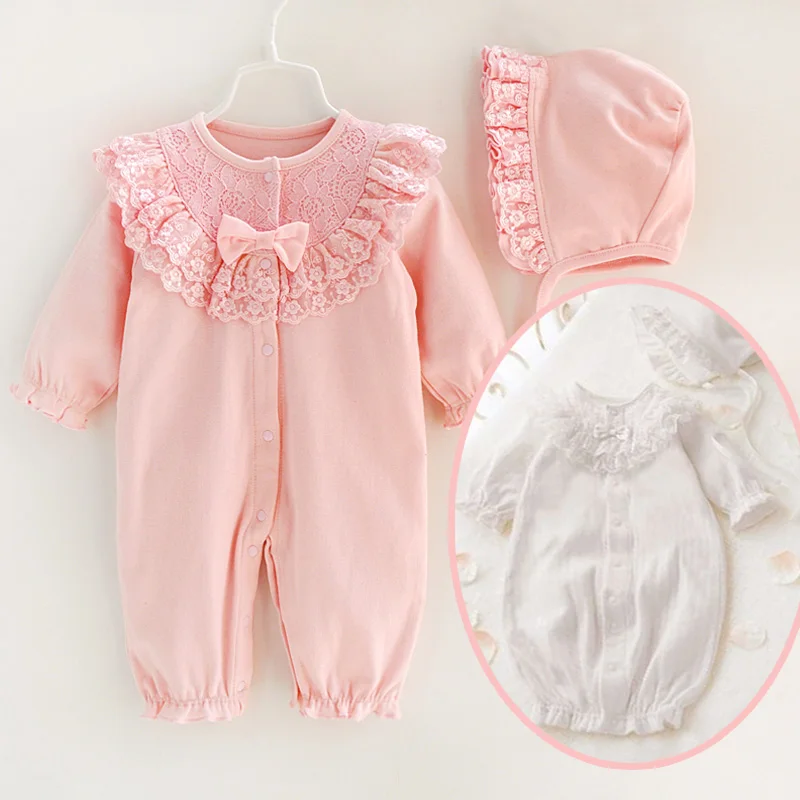

2020 Spring Quality pink lace flower organic toddler baby clothing sets Newborn baby clothes, baby girls' clothes, Pink / white