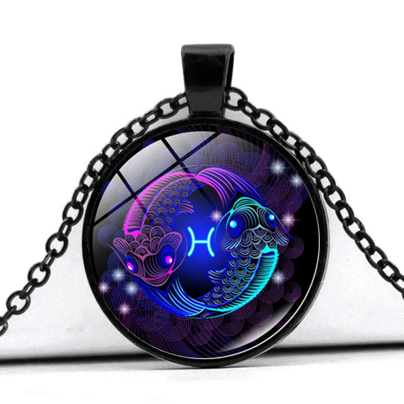 

Wholesale Glass Bezel Setting Black Enamel Chain Zodiac Twelve Constellations Pendant Necklace Jewelry