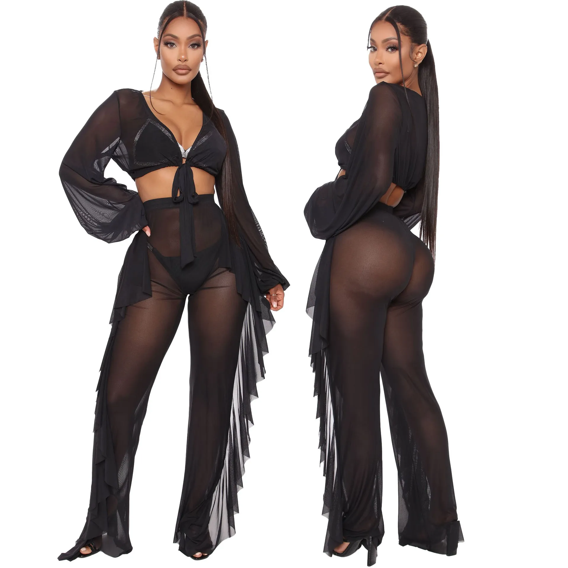 

2021 New style women summer beach sunscreen set breathable see through design two piece set, As picture or customized make