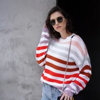 

2019 Winter Lady Knit Stripe Rainbow Sweater Women Long Sleeve Pullover Warm