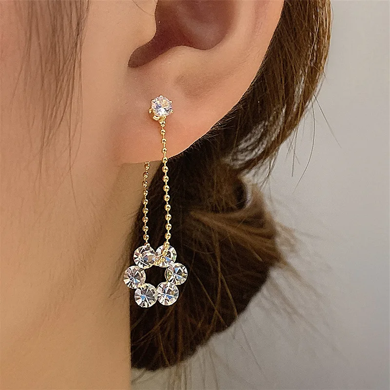 

2021 New Fashion Jewelry Korean Style Shinning Rhinestone Flower Long Earrings