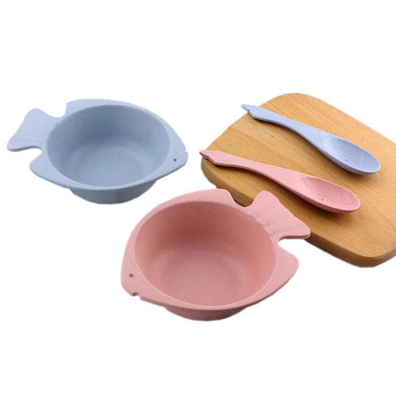 

Natural Wheat Straw Kids Bowl Set Bpa Free New Product Ideas Fish Wheat Fiber Baby Dinnerware Set Children Bowls Spoon, Off white green blue pink