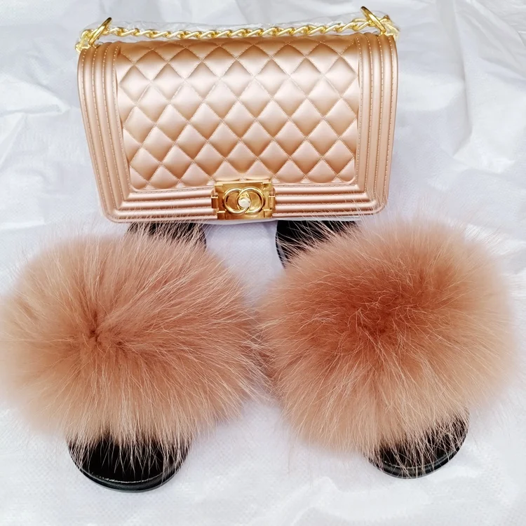 

rainbow jelly purses shoes set women handbags with fur slides slippers, Customized color