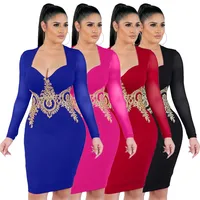 

A91752 Women night club dress clothes long Sleeves applique Dresses fashion mesh dresses fall new arrival