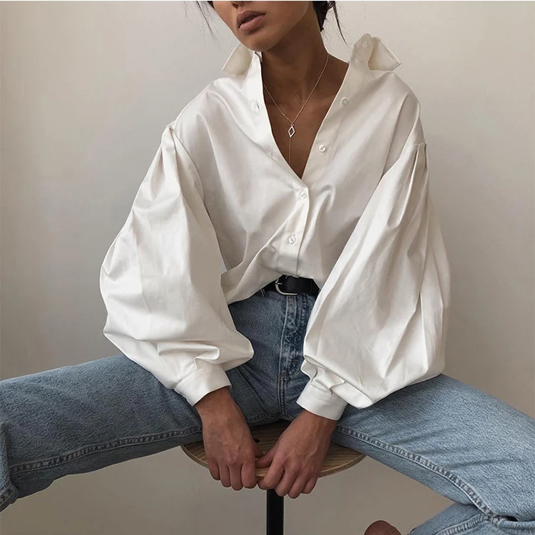 

2020 New Arrive Sexy Puff Sleeve Tops Female Button Down Baggy Shirts Women Pure White Blouse Shirt