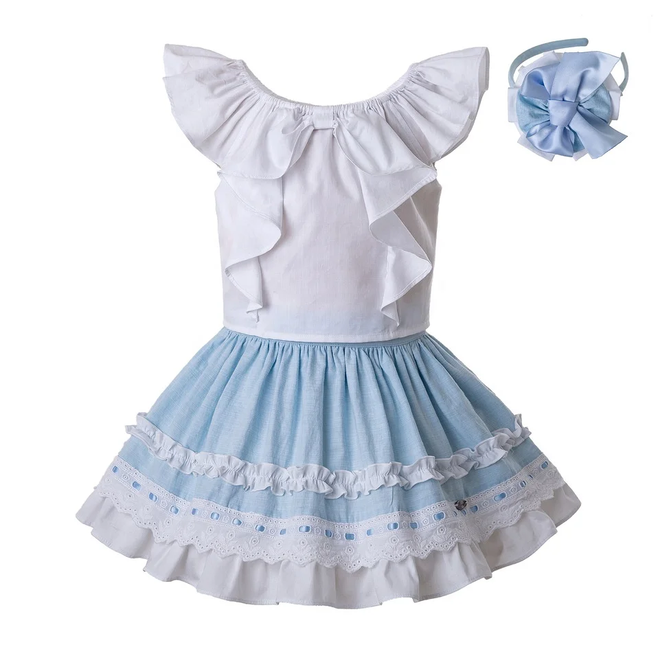 

Pettigirl Girl Clothing Set Sleeveless Tops Blue Skirt Girl Dress