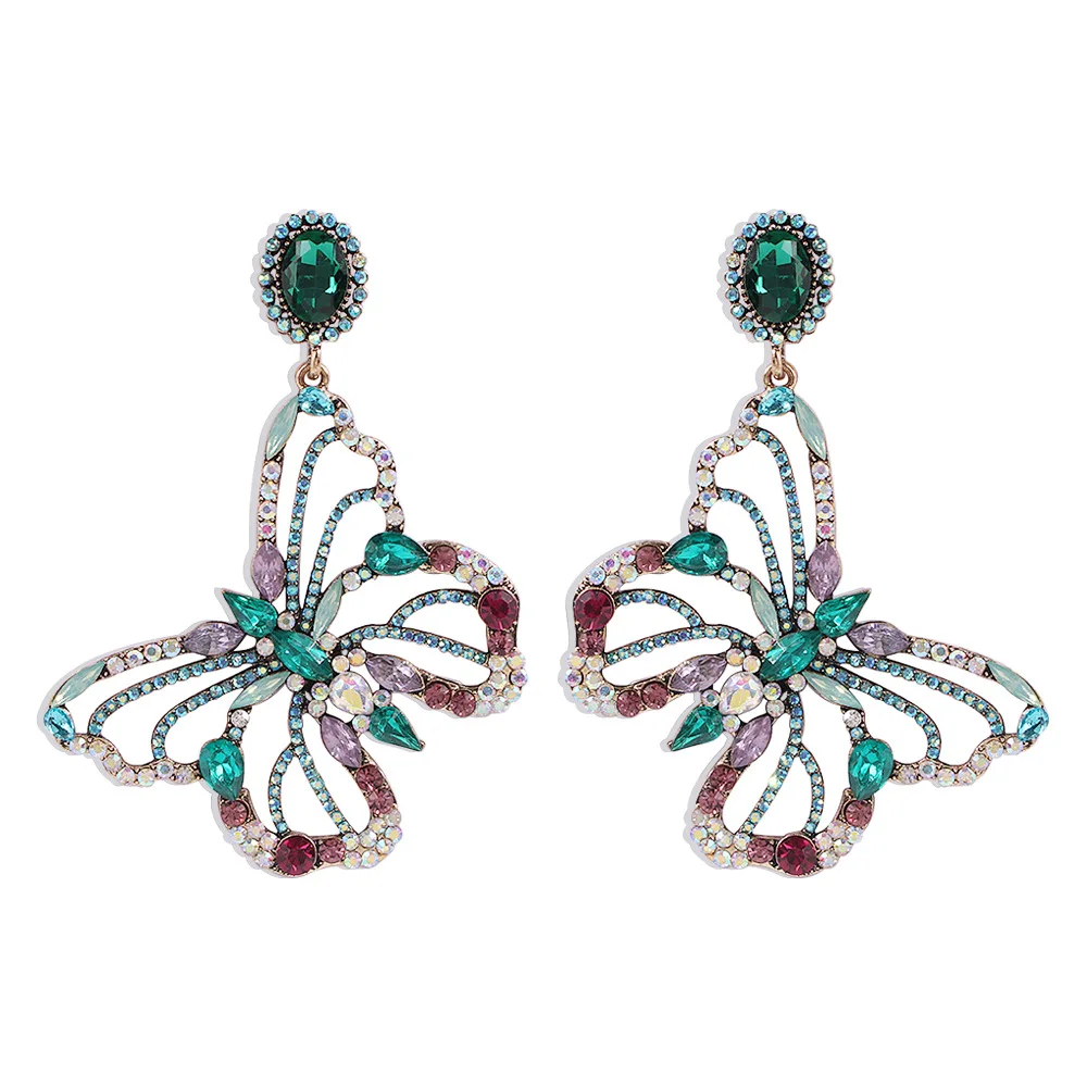 

Exaggerated Rhinestone Big Butterfly Earrings Hollow Metal Wing Drop Earrings