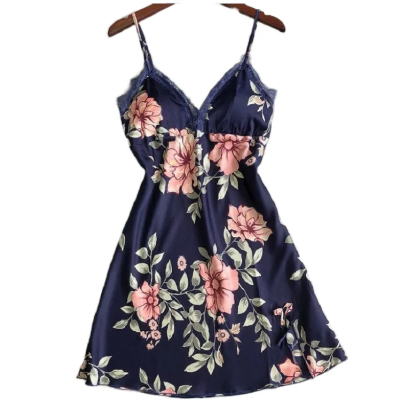 

Women Sling Printing Nightdress Satin Sexy Lace Pajamas Elegant Lace Home Dress Clothes, Pink, black, navy blue