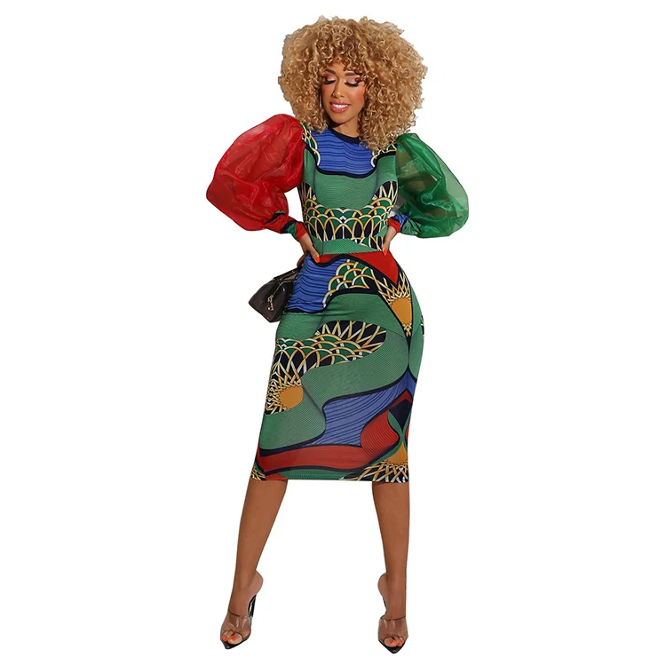 8567 Summer Europe and The United States new lantern sleeve print A-line dress holiday beach dinner club sexy dress