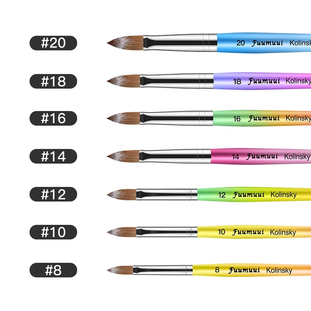 

2021 Hot Sale Gradient Colorful Acrylic Brush Wooden Handle kolinsky acrylic nail brush for nail art #8-#20