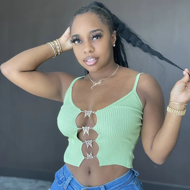 

solid color stylish sleeveless cutout crop sexy tops Chic Safety Pin Closure Crop Halter Tank Top