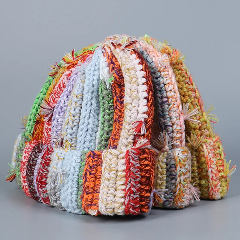 Winter Rainbow Colorful Distressed Tassel Thickened Striped Woolen Handmade Crochet Knitted Beanie Hat