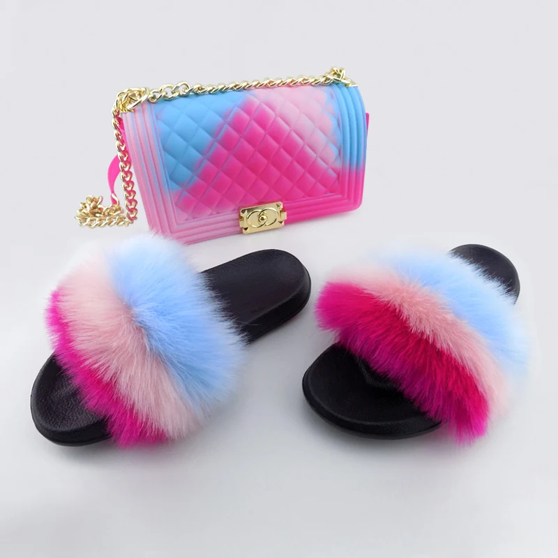 

Wholesale full fur slide vendor jelly bag multi fancy color shoes ins hot fake fox fur slippers fox fur slides with purse set, 7 colors