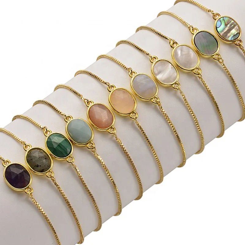 

18K Gold Plated Brass Bolo Chain With Tips Abalone Shell Oval Set In Gold Plated Brass Charm Bracelet For Women