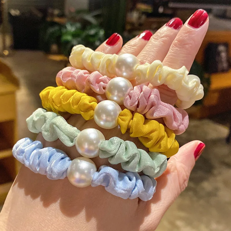 

Factory Direct Sale Korean Fashion Pearl Scrunchie Women Elastic Ponytail Hair Bands