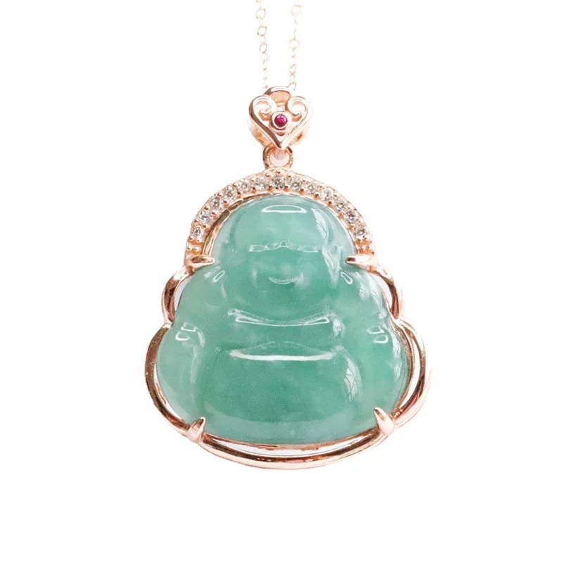

S925 Silver Inlay Natural Emerald Ice Blue Water Buddha Pendant Jade Jewelry Live Delivery 2051202