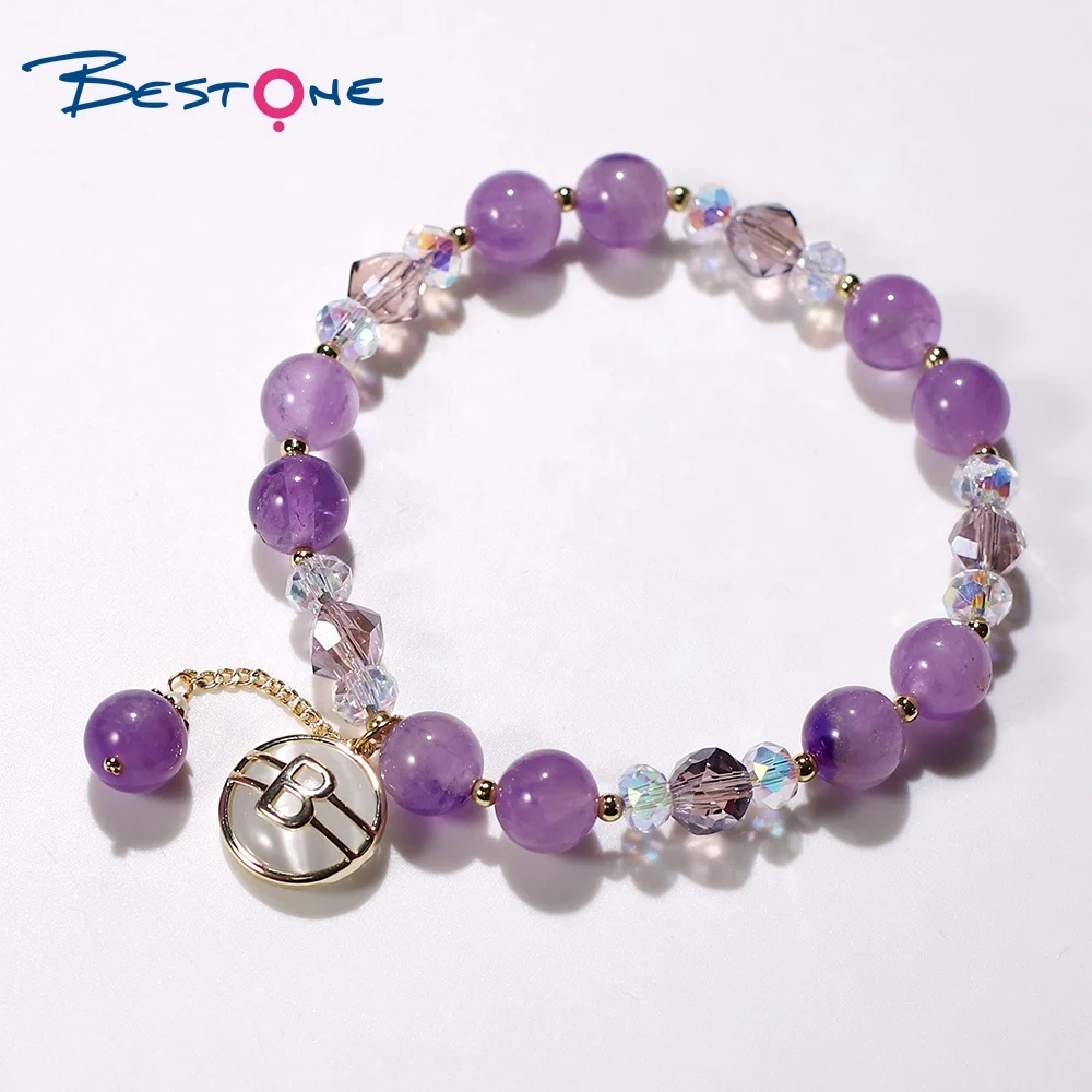 

Bestone 9mm Natural Amethyst Bracelet with Cat Eye 14K Gold Plated Charm Healing Natural Stone Bracelet