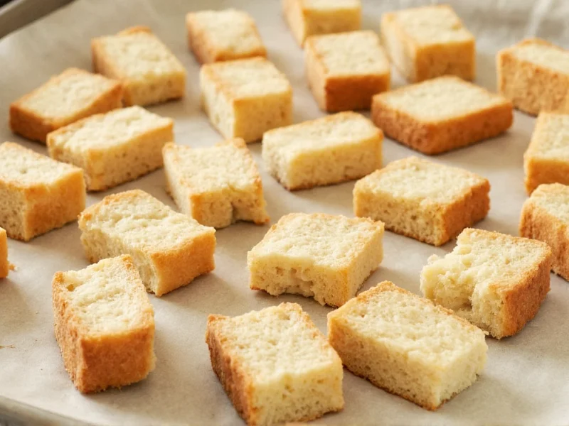 Stale bread cubes arranged on baking sheet for drying