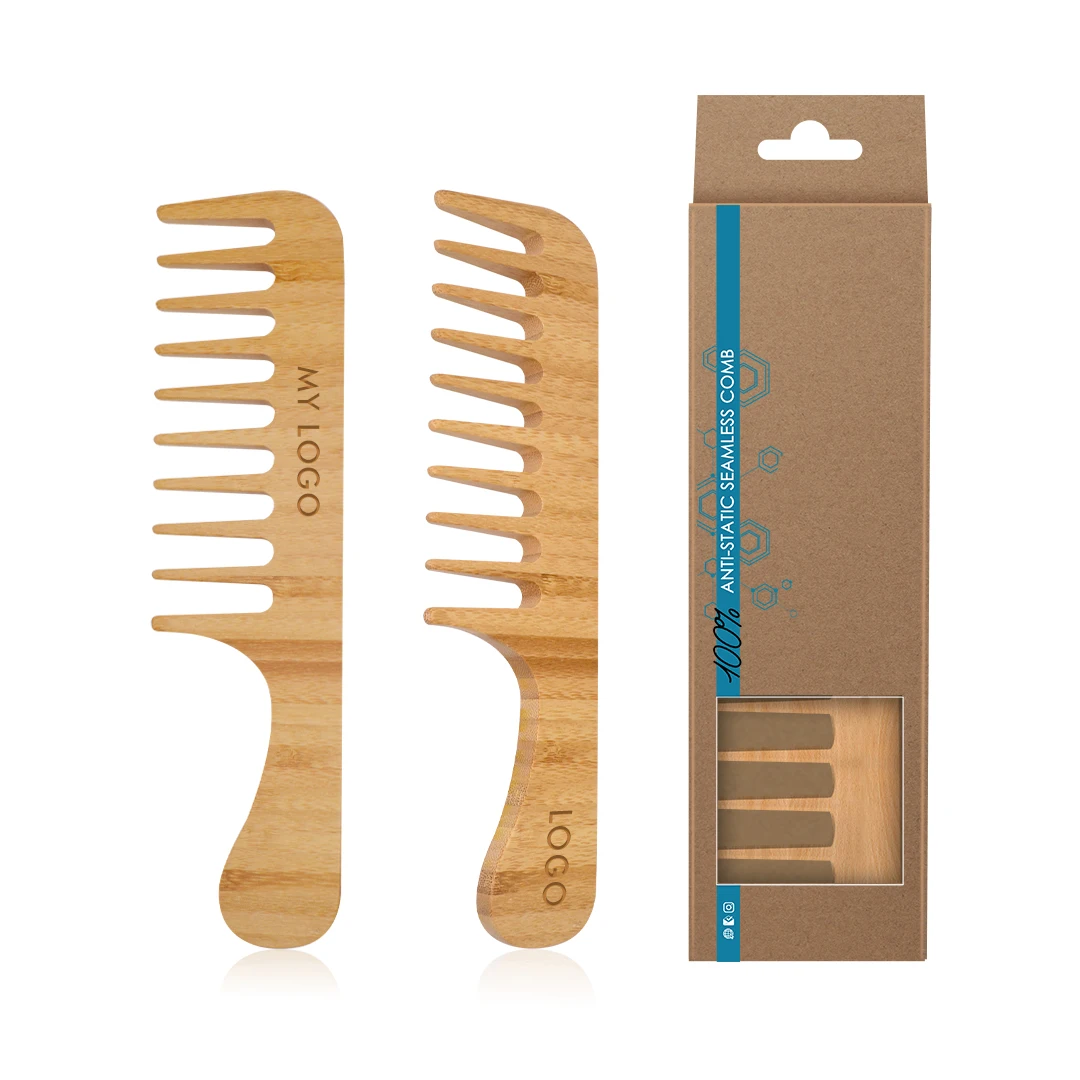 

Eco-friendly Custom Logo Anti-static Handmade Bamboo Wood Wide Tooth Wooden Hair Comb, Natural