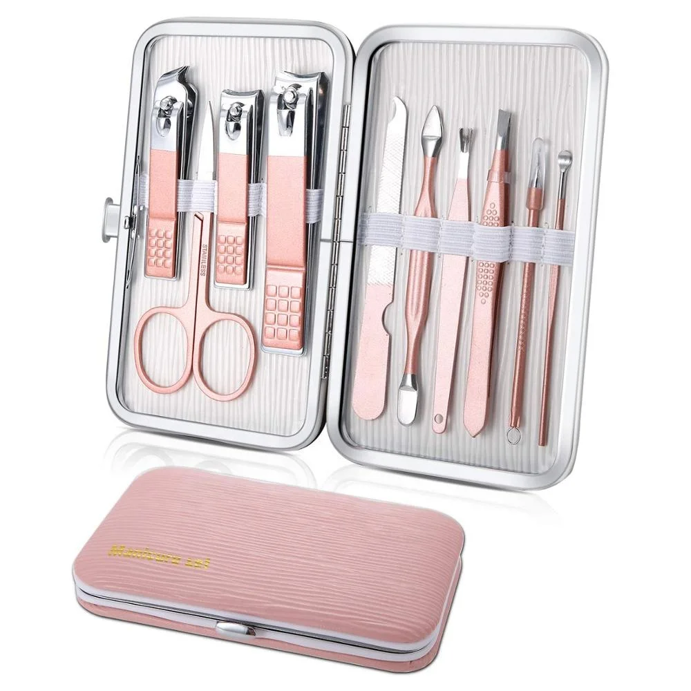 

10pcs Manicure Set With Ripple PU leather case, Travel Mini Nail Clippers Kit Pedicure Care Tools, Stainless Steel Grooming kit, Rose gold/pink, or other custom colors as required