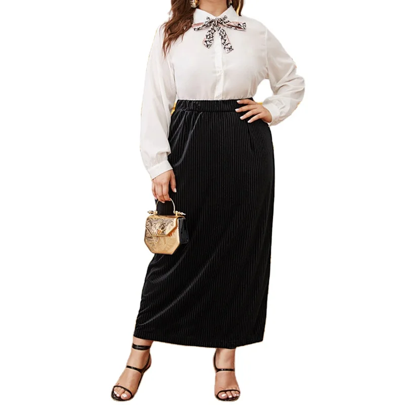 

Custom plus size summer long pleated women's skirts elastic waist skirt, Black