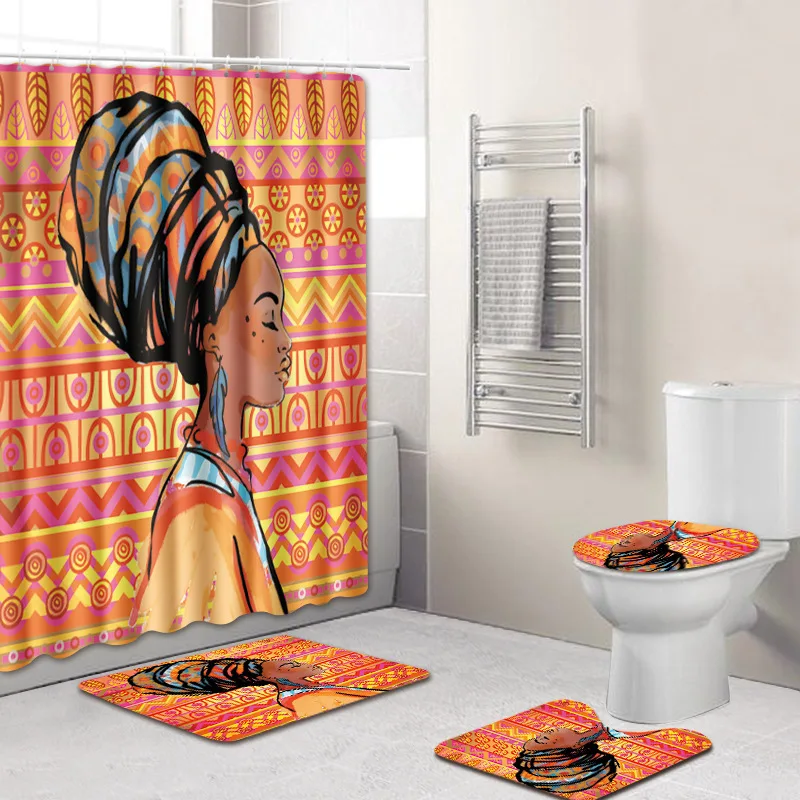

Amazon Hot Sale African Shower Curtains For Bathroom, African Women Toilet Three-Piece Carpeting Bath Mat/