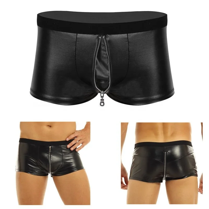 

M-XXL Mens Lingerie Wet Look Faux Leather Zipper Bulge Pouch Low Rise Boxer Briefs Shorts Underwear Underpants