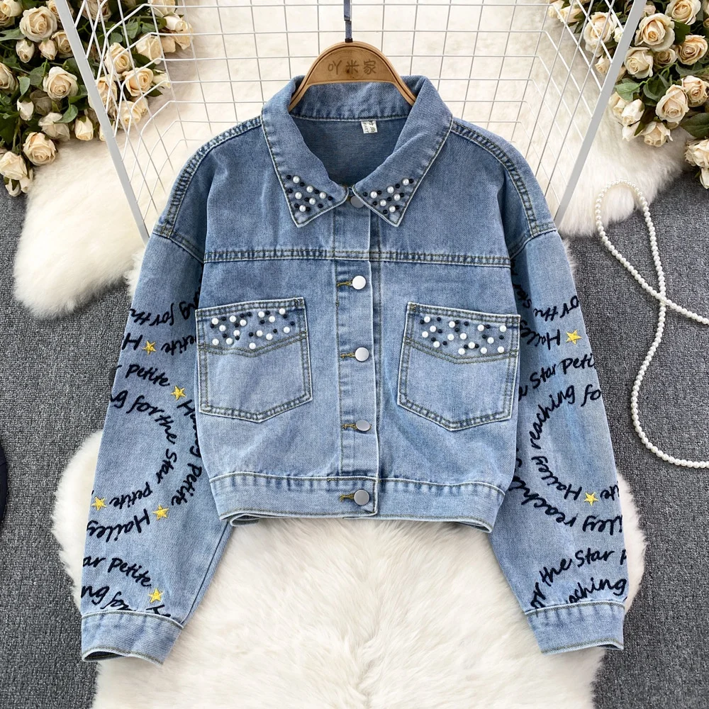 

printed Letter studded denim jacket for women in autumn and winter Korean version fashionable POLO collar loose jacket top
