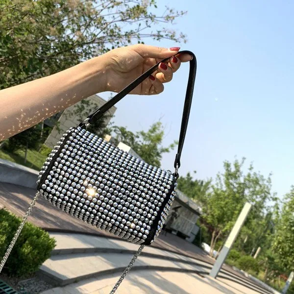 

Tecing Women Rivet Handbag Top Handle Shoulder Bag Chain Purse Faux Leather Clutch Small Crossbody Bag Black, 2colors