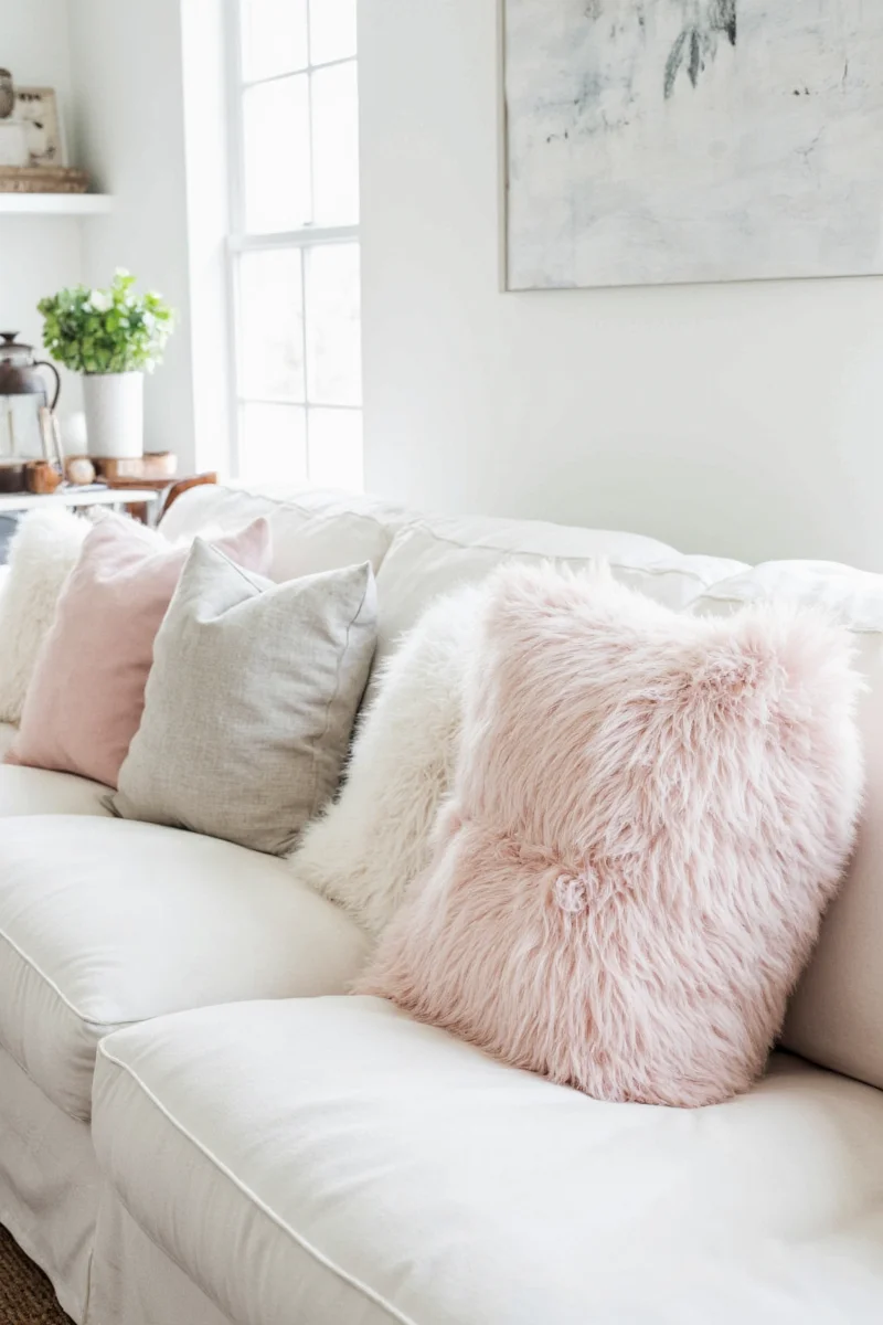 White couch with bamboo blend pillows