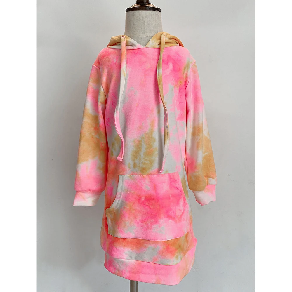 

Free Shipping Women's tie dyed long one-piece sweater parent-child pocket Hooded Dress, Red, blue