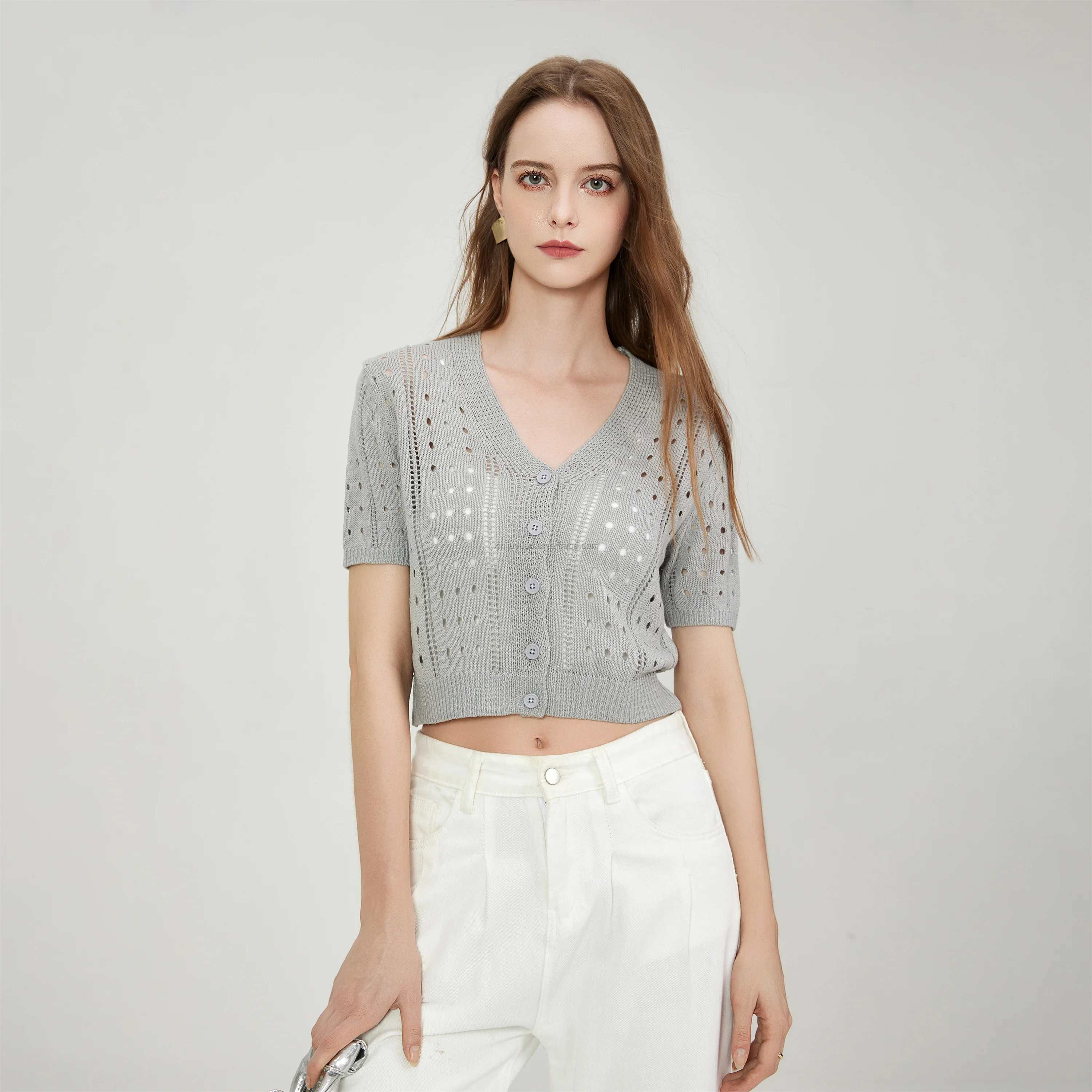 Women's V-Neck Button Short-Sleeved Knit Top Sweater Cardigan Jacket Hollowed-Out Cropped Design