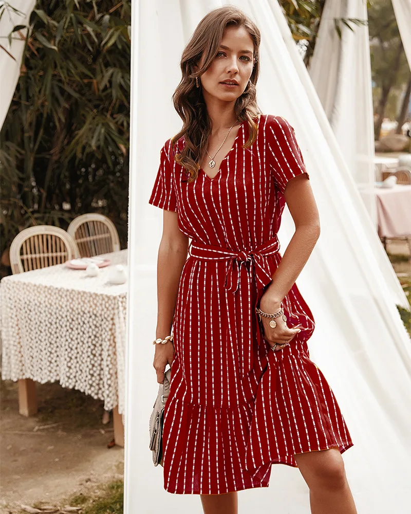 

Elegant Women's Fashion 2021 Summer Striped V Neck Ruffles Dress Casual Sweet New Dress Women, Shown