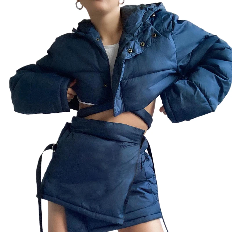 

W21S04304 Winter New Two-Piece Warm And Thick Hooded Cotton Jacket + Skirt Two-Piece High-Quality Women Set